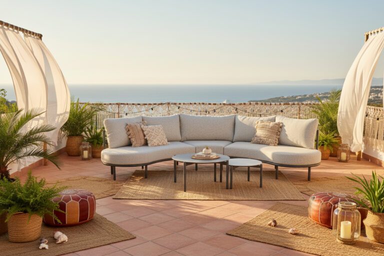 Helle Lounge im Boho-Style vor sonniger Kulisse (Bild: KI-generiert, Liadomo)