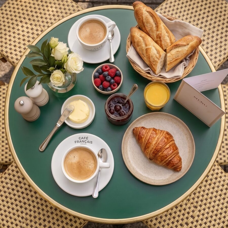 Ein französisches Frühstück mit Croissant und Kaffee (Bild KI-generiert)