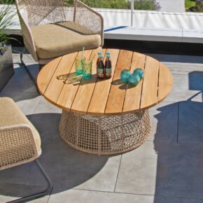 SonnenPartner "Couture" Loungetisch, Gestell Aluminium, Kunststoffgeflecht white-shell, Tischplatte Teakholz