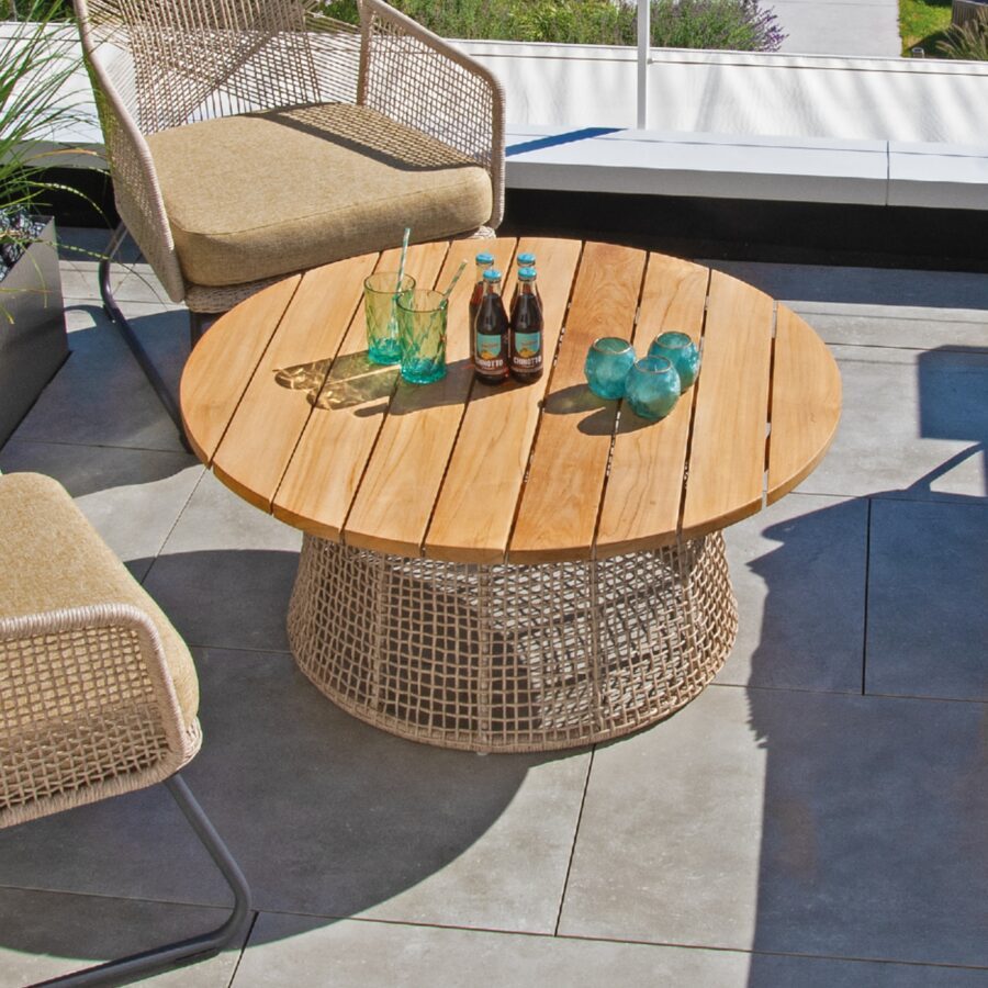 SonnenPartner "Couture" Loungetisch, Gestell Aluminium, Kunststoffgeflecht white-shell, Tischplatte Teakholz