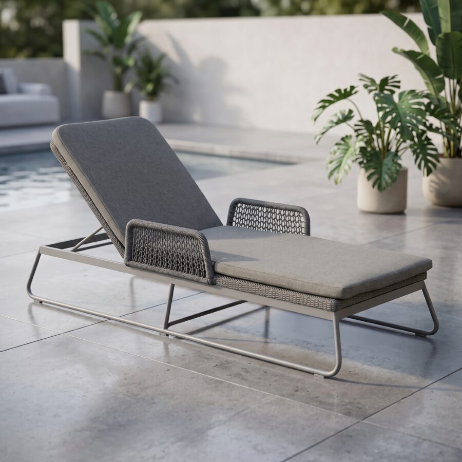 Sonnenpartner "Poison“ Liege, Gestell Aluminium grau, Geflecht Polyrope dunkelgrau (Bild KI-generiert)