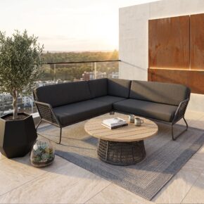 Sonnenpartner "Poison“ Loungeset 3-tlg., mit Loungetisch, Gestell Aluminium grau, Geflecht Polyrope dunkelgrau, Tischplatte Teak (Bild KI-generiert)