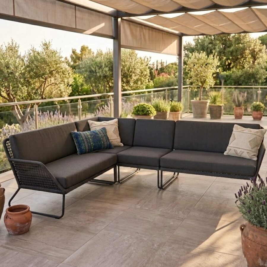 Sonnenpartner "Poison“ Loungeset 4-tlg., Gestell Aluminium grau, Geflecht Polyrope dunkelgrau (Bild KI-generiert)