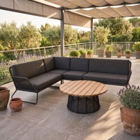 Sonnenpartner "Poison" Loungeset, Geflecht dunkelgrau, Tischplatte Teak (Bild KI-generiert)