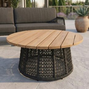 Sonnenpartner "Poison“ Loungetisch, Gestell Aluminium grau, Geflecht Polyrope dunkelgrau, Tischplatte Teak (Bild KI-generiert)