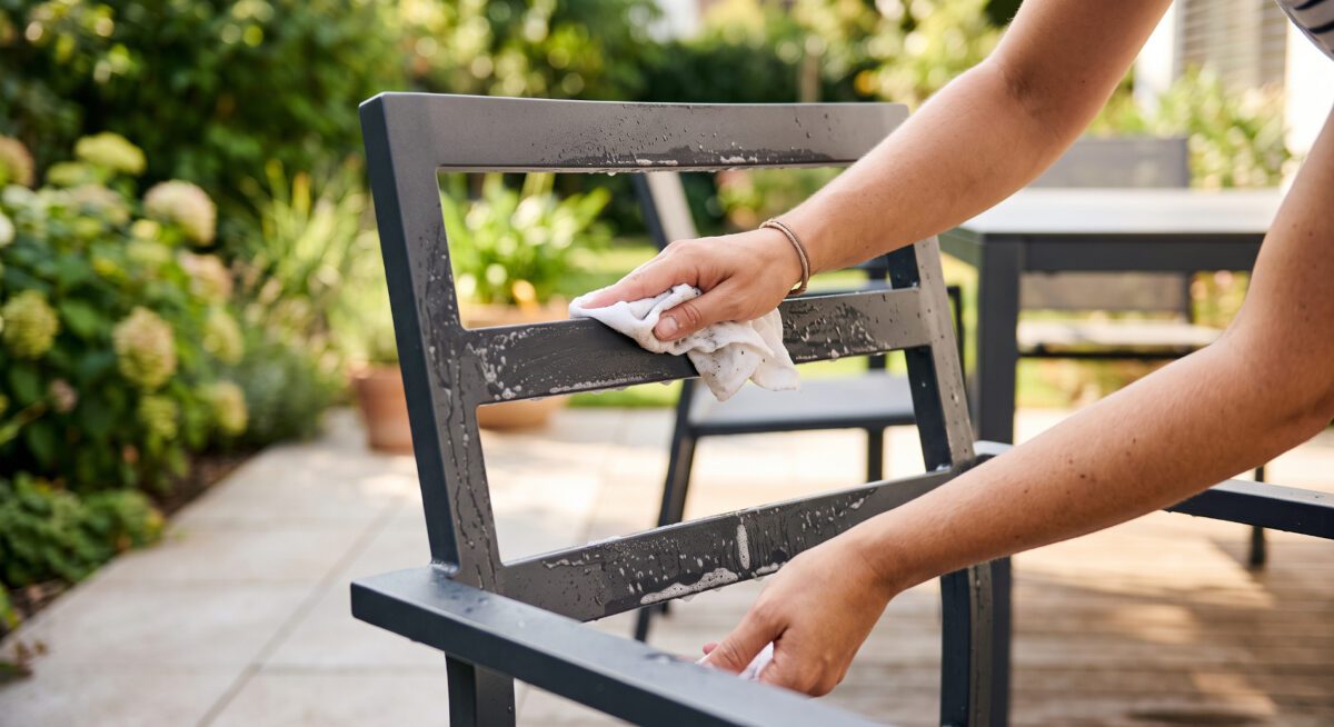 Ein Gartenstuhl auf der Terrasse wird mit Seifenlauge gereinigt
