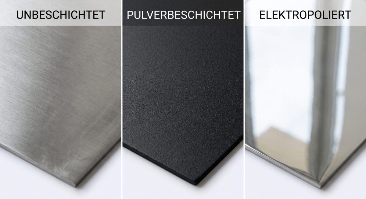 Uunbeschichteter, pulverbeschichteter und elektropolierter Edelstahl in Nahansicht