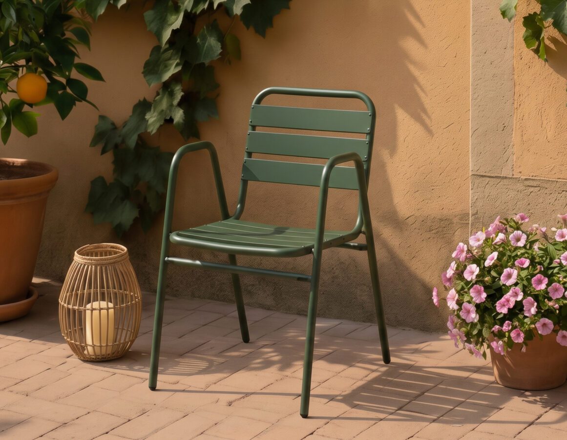 Schlanker Gartenstuhl im Latten-Design vor einer begrünten Hauswand