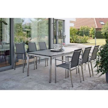 Stern Gartenmöbel-Set mit Stuhl "Evoee", Gestell Edelstahl, Textilgewebe silbergrau, Tisch Edelstahl/Dekton Lava anthrazit, 200x100 cm Stern Gartenmöbel-Set mit Stuhl "Evoee", Gestell Edelstahl, Textilgewebe silbergrau, Tisch Edelstahl/Dekton Lava anthrazit, 200x100 cm