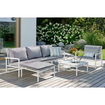Stern "Skelby" Lounge-Set, Gestell Aluminium weiß, Sitzflächen-Basis Textilen silber, Auflagen/Kissen seidengrau Stern "Skelby" Lounge-Set, Gestell Aluminium weiß, Sitzflächen-Basis Textilen silber, Auflagen/Kissen seidengrau
