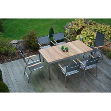 Zebra Gartenmöbel-Set mit Stuhl "Pontiac" in der Farbe argenta und Tisch "Naxos" 180x100 cm, Teaktischplatte, Material: Edelstahl Zebra Gartenmöbel-Set mit Stuhl "Pontiac" in der Farbe argenta und Tisch "Naxos" 180x100 cm, Teaktischplatte, Material: Edelstahl