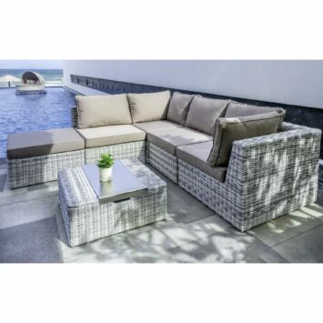 Home Islands "Kyoko" Loungegruppe 6-teilig, Gestell Aluminium, Polyrattan Geflecht Salt/Pepper weiß mit grauem Verlauf