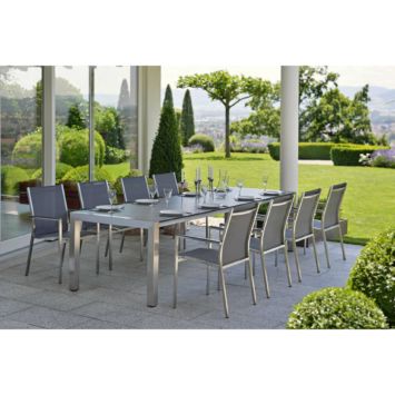 Stern Gartenmöbel-Set mit Stuhl "Cardiff" und Ausziehtisch Edelstahl/HPL, hier Variante Textilgewebe silbergrau, Armlehne anthrazit, HPL-Platte Vintage grau Stern Gartenmöbel-Set mit Stuhl "Cardiff" und Ausziehtisch Edelstahl/HPL, hier Variante Textilgewebe silbergrau, Armlehne anthrazit, HPL-Platte Vintage grau