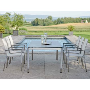 Stern Gartenmöbel-Set mit Stuhl "Evoee", Gestell Edelstahl, Textilgewebe silberfarben, Armlehnen Alu anthrazit, Gartentisch Edelstahl/HPL, 200x100 cm Stern Gartenmöbel-Set mit Stuhl "Evoee", Gestell Edelstahl, Textilgewebe silberfarben, Armlehnen Alu anthrazit, Gartentisch Edelstahl/HPL, 200x100 cm