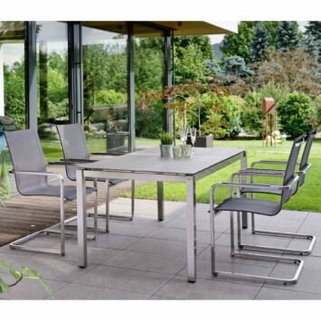 Stern Gartenmöbel-Set mit Freischwinger "Evoee", Gestell Edelstahl, Textilgewebe silbergrau, Gartentisch Edelstahl/Dekton Lava anthrazit, 160x90 cm