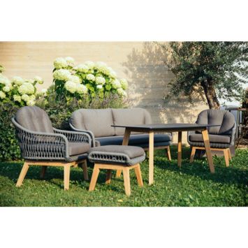 Diamond Garden "Nashville" Loungesofa, Loungesessel, Loungehocker, Aluminium, Polyrattan grau, Teakholz, Sitz- und Rückenkissen braun und "Memphis" Low Dining Tisch, Tischplatte HPL schiefer, Teaḱholz Diamond Garden "Nashville" Loungesofa, Loungesessel, Loungehocker, Aluminium, Polyrattan grau, Teakholz, Sitz- und Rückenkissen braun und "Memphis" Low Dining Tisch, Tischplatte HPL schiefer, Teaḱholz