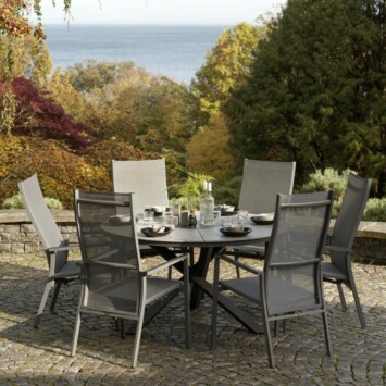 Brafab Gartenmöbel-Set mit Tisch "Kenora" Alu anthrazit/Platte Keramik grau, Positionsstuhl/Hochlehner "Avanti", Alu anthrazit/Textilgewebe grau