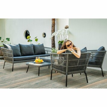 Home Islands Loungeset "Mekong" 5-teilig mit 3-Sitzer Loungesofa, Sesseln und Couchtischen, Rope-Bespannung hellgrau, Kissen anthrazit, Tischplatte Glas