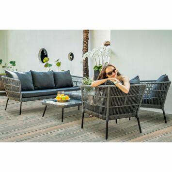 Home Islands Loungeset "Mekong" 5-teilig mit 3-Sitzer Loungesofa, Sesseln und Couchtischen, Rope-Bespannung hellgrau, Kissen anthrazit, Tischplatte Glas