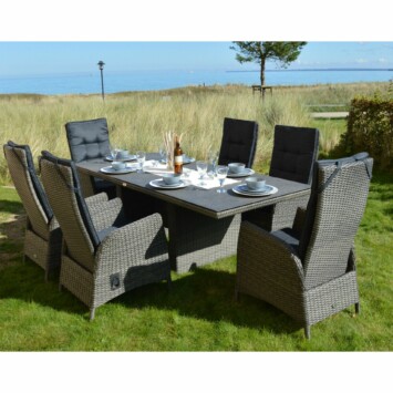 Ploß Dining-Set "Rocking" mit Dining-Tisch und sechs Dining-Sesseln, Geflecht grau-braun meliert, Kissen anthrazit, Tischplatte Glas in Steinoptik (Copyright Ploß & Co.)