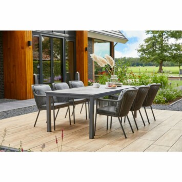 Hartman Diningstuhl "Cairo", Gestell Aluminium xerix, Bespannung rope grau, inkl. Sitzkissen ash grey (ohne Rückenkissen) und Gartentisch "Comino", Gestell Aluminium xerix, Tischplatte Keramik Grey Wood