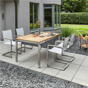 Diamond Garden Gartentisch "Salerno", Gestell Edelstahl, Tischplatte Teakholz recycelt und Freischwinger "Venedig", Edelstahl, Textilgewebe, Armlehnen Teakholz