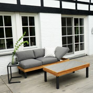 Ploß Loungeset “Skagen“, Sofa mit Gestell Aluminium anthrazit & Teakholz natur (gebürstet), Polster grau, ohne Dekokissen, Beistelltisch & Couchtisch, Platten Keramik