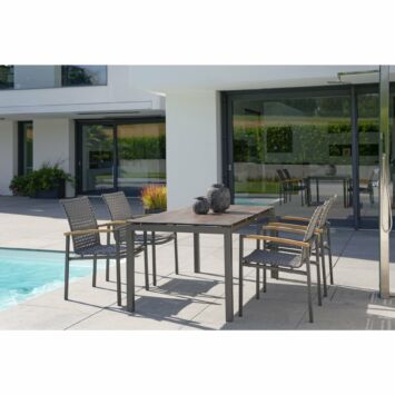 Stern Gartenmöbelset mit Stapelsessel "Lucy" und Tisch 160x90 cm, Gestelle Alu anthrazit, Gurtbespannung platin, Tischplatte HPL Ferro