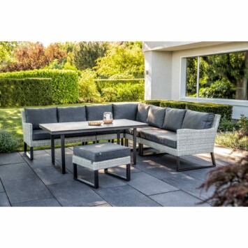 Kettler "Palma Wing" Casual Dining Lounge mit Endteil rechts und links, 2 Mittelteilen, Eckteil, Hocker, Gestell Alu anthrazit, Polyrattan white wash, Kissen anthrazit, mit Gartentisch "Skate"