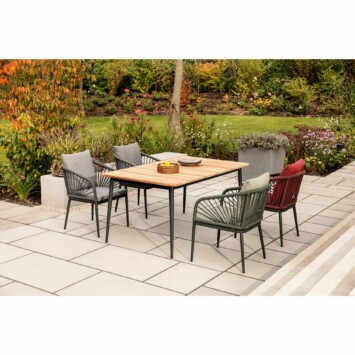 Niehoff Gartenstuhl "Pino" und Gartentisch "Luna", Gestell Aluminium anthrazit, Tischplatte Teakholz, Sitzfläche Rope, Kissen Olefin