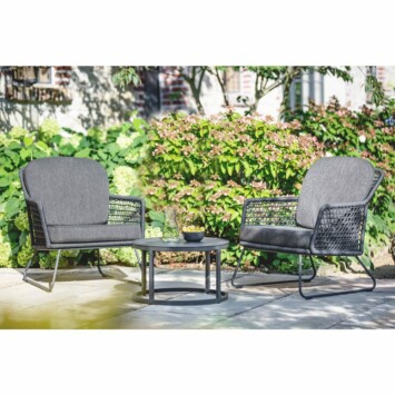 Niehoff "Kubu" Loungesessel, Gestell Aluminium anthrazit, Kordelflechtung grau, mit Sitz- und Rückenkissen Southend anthrazit mit Loungetisch "Serra"