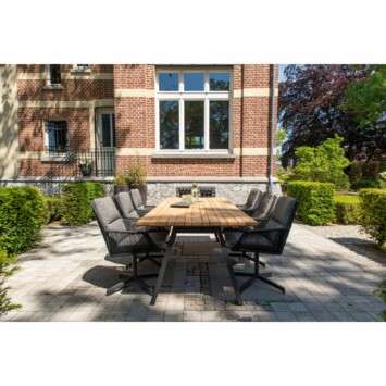 4Seasons Outdoor Gartenmöbel-Set mit "Ambassador" Tisch 240x100 cm und "Primavera" Diningsessel, Gestelle Aluminium anthrazit, Tischplatte Teak, Sitzfläche Rope anthrazit, Kissen Olefin grau