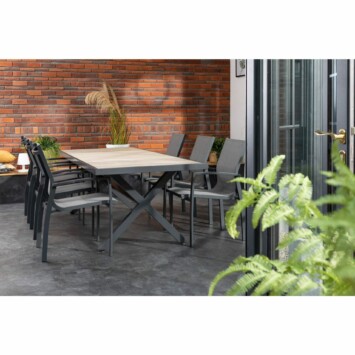 Hartman "Canterbury" Gartenmöbel-Set mit 6x Stapelstuhl und Tisch 247x96 cm, Alu Xerix, Tischplatte Keramik Beige Wood