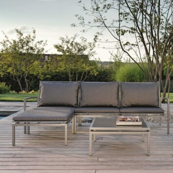 Stern "Skelby" Loungeset, Gestell Aluminium graphit, Sitzfläche Textil silbergrau, Polster schiefergrau, Tischplatte Glas dunkelgrau