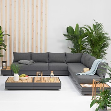 Zebra "Cubo" Loungeset 7-teilig, 2x 3-Sitzer, 1x Eckteil und 4 Loungetische, Gestelle Aluminium graphite, Polster Olefin dark grey, Tischplatten Teakholz