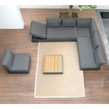 Zebra "Cubo" Loungeset 5-teilig, 3-Sitzer, Eckteil, 2-Sitzer, 1-Sitzer und Loungetisch 74x74 cm, Gestell Aluminium graphite, Polster Olefin dark grey, Tischplatte Teak