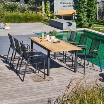 CASA DOMA "Mineo/Ugento" Gartenmöbel-Set 7-tlg., Gestelle Edelstahl anthrazit, Sitzfläche Rope anthrazit, Armlehnen Teak, Tischplatte Teak, 160/220x90 cm